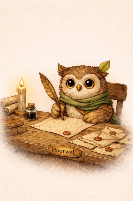 Hootwell the Owl writing at his desk